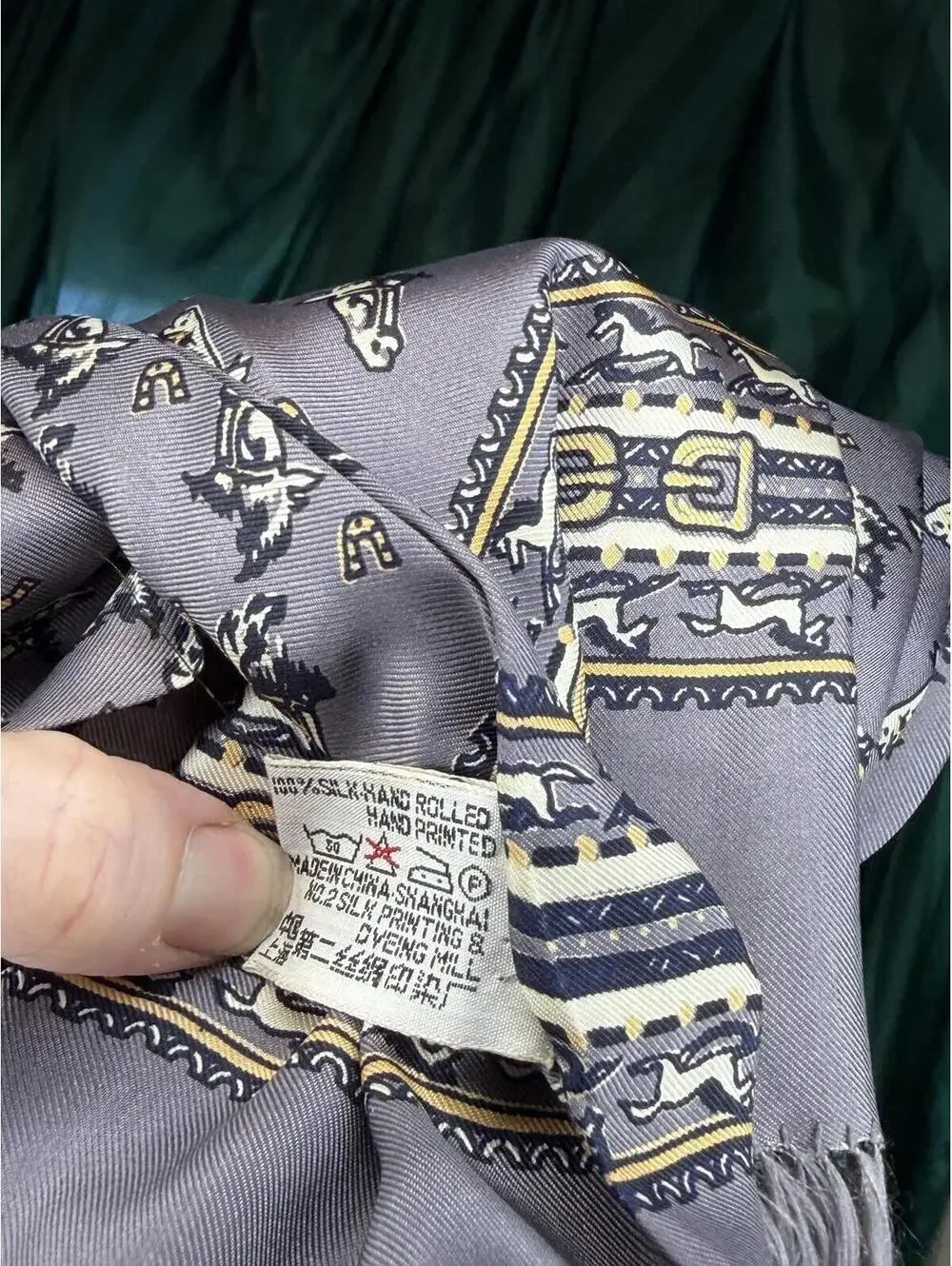 Golden Camel Silk Scarf with Horse Print & Fringe